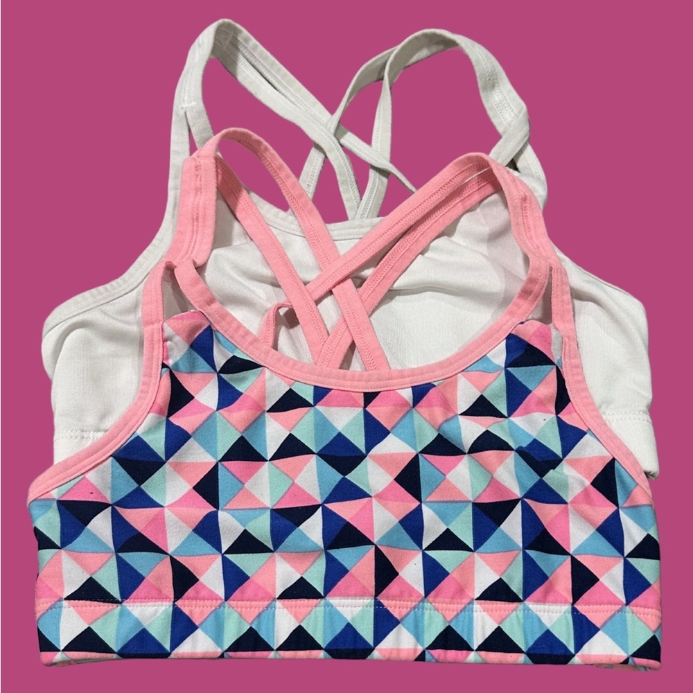 Fruit of the Loom. 2 pack- White & Pink Geo Crisscross Strap Sports Bralettes